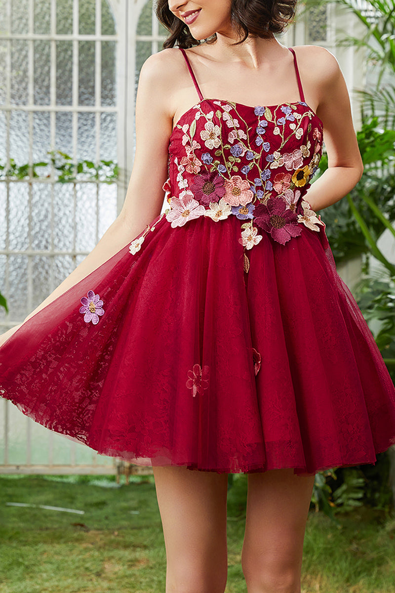 Load image into Gallery viewer, Burgundy A Line Spaghetti Straps Homecoming Dress With 3D Flowers