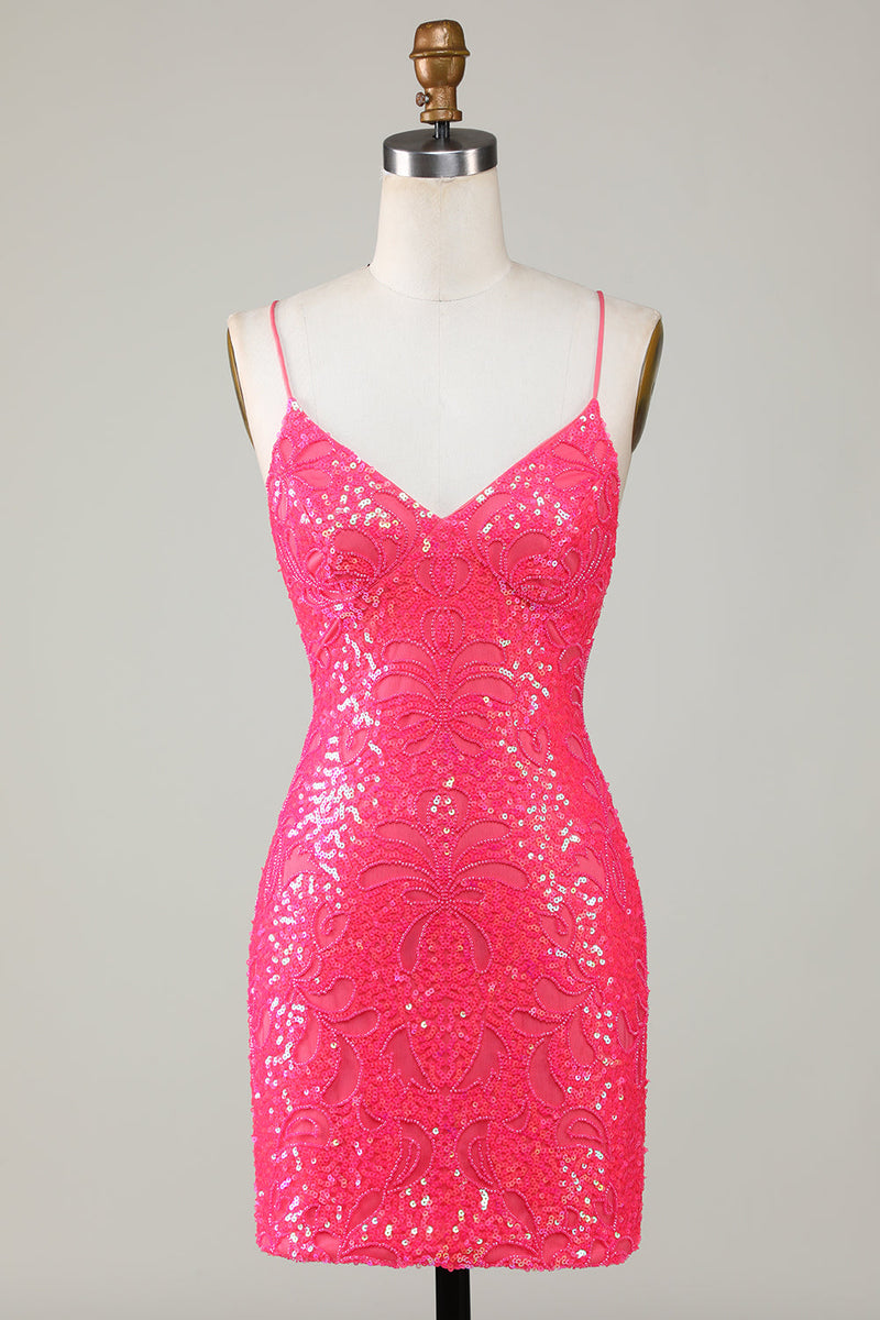 Load image into Gallery viewer, Bodycon Spaghetti Straps Deep V Neck Fuchsia Short Homecoming Dress