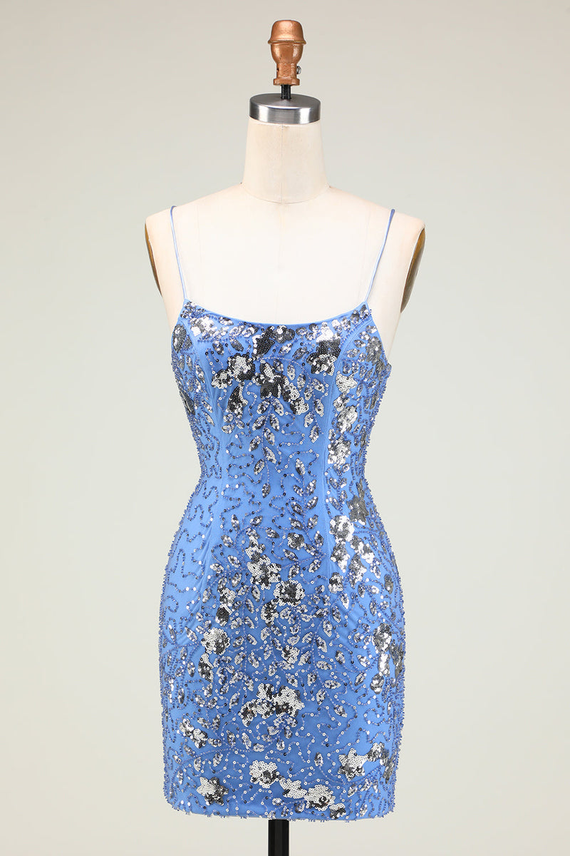 Load image into Gallery viewer, Stylish Bodycon Spaghetti Straps Blue Short Homecoming Dress with Sequins