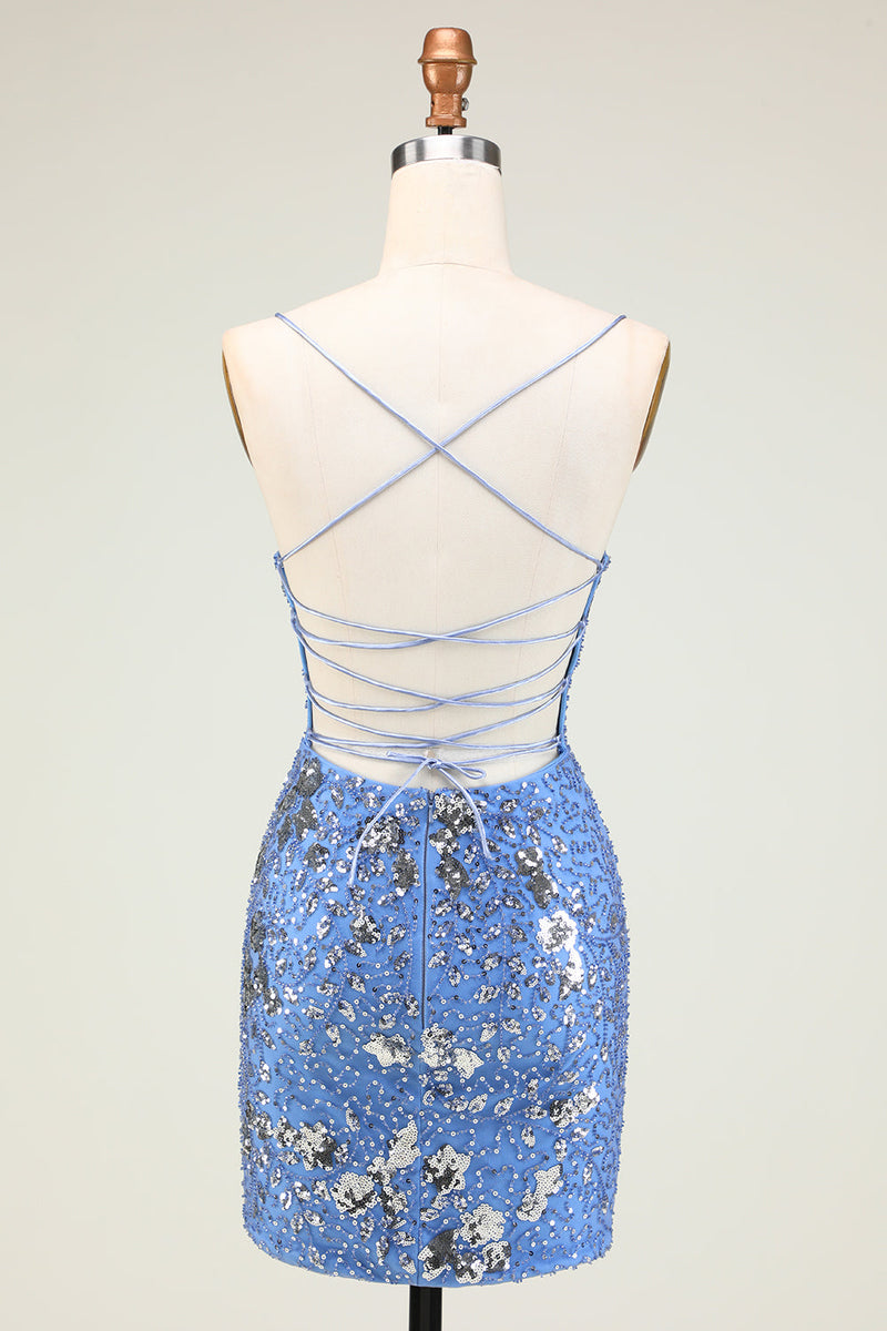 Load image into Gallery viewer, Stylish Bodycon Spaghetti Straps Blue Short Homecoming Dress with Sequins