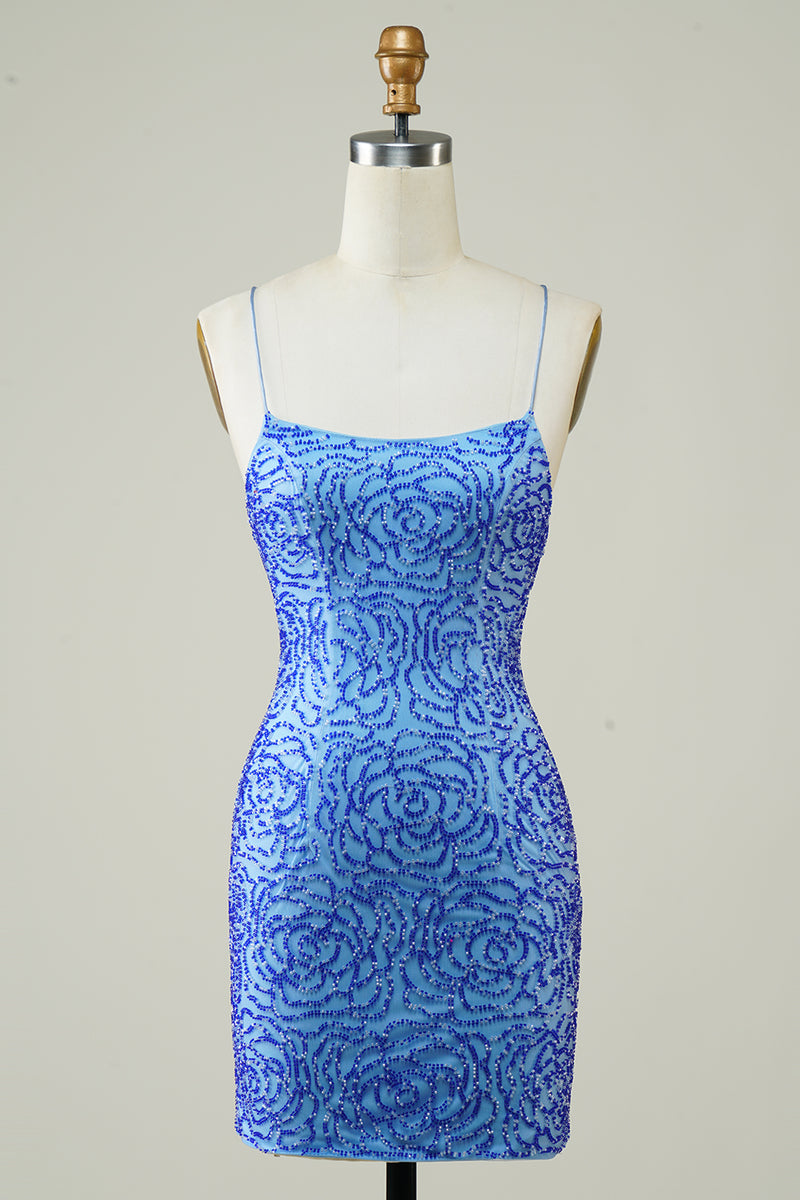 Load image into Gallery viewer, Blue Sheath Spaghetti Straps Short Homecoming Dress with Sequins