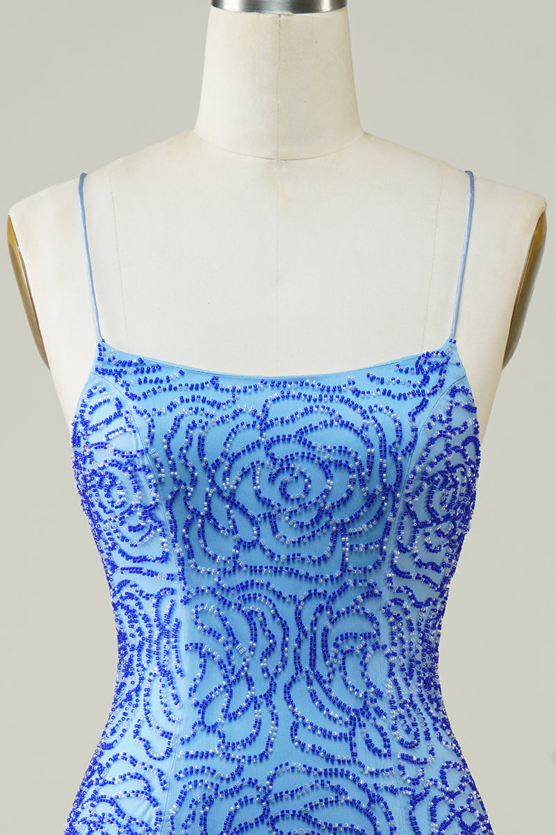 Load image into Gallery viewer, Blue Sheath Spaghetti Straps Short Homecoming Dress with Sequins