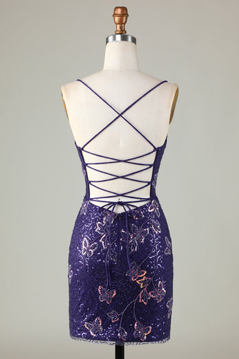 Sparkly Dark Purple Beaded Sequins Tight Short Homecoming Dress With Butterflies