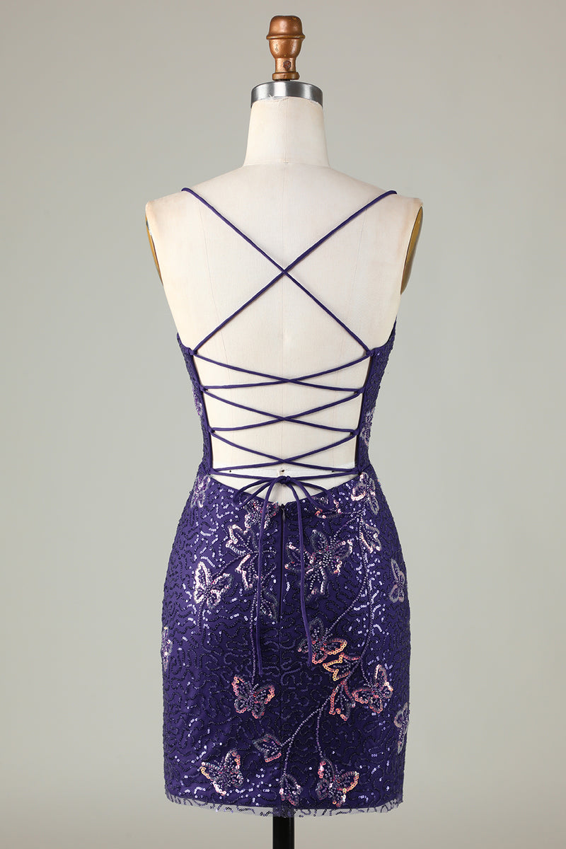 Load image into Gallery viewer, Sparkly Dark Purple Beaded Sequins Tight Short Homecoming Dress With Butterflies