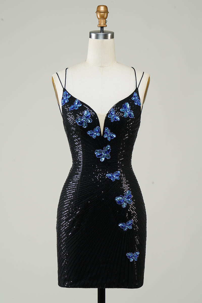 Load image into Gallery viewer, Black Spaghetti Straps Tight Short Homecoming Dress with Sequins