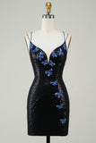 Black Spaghetti Straps Tight Short Homecoming Dress with Sequins