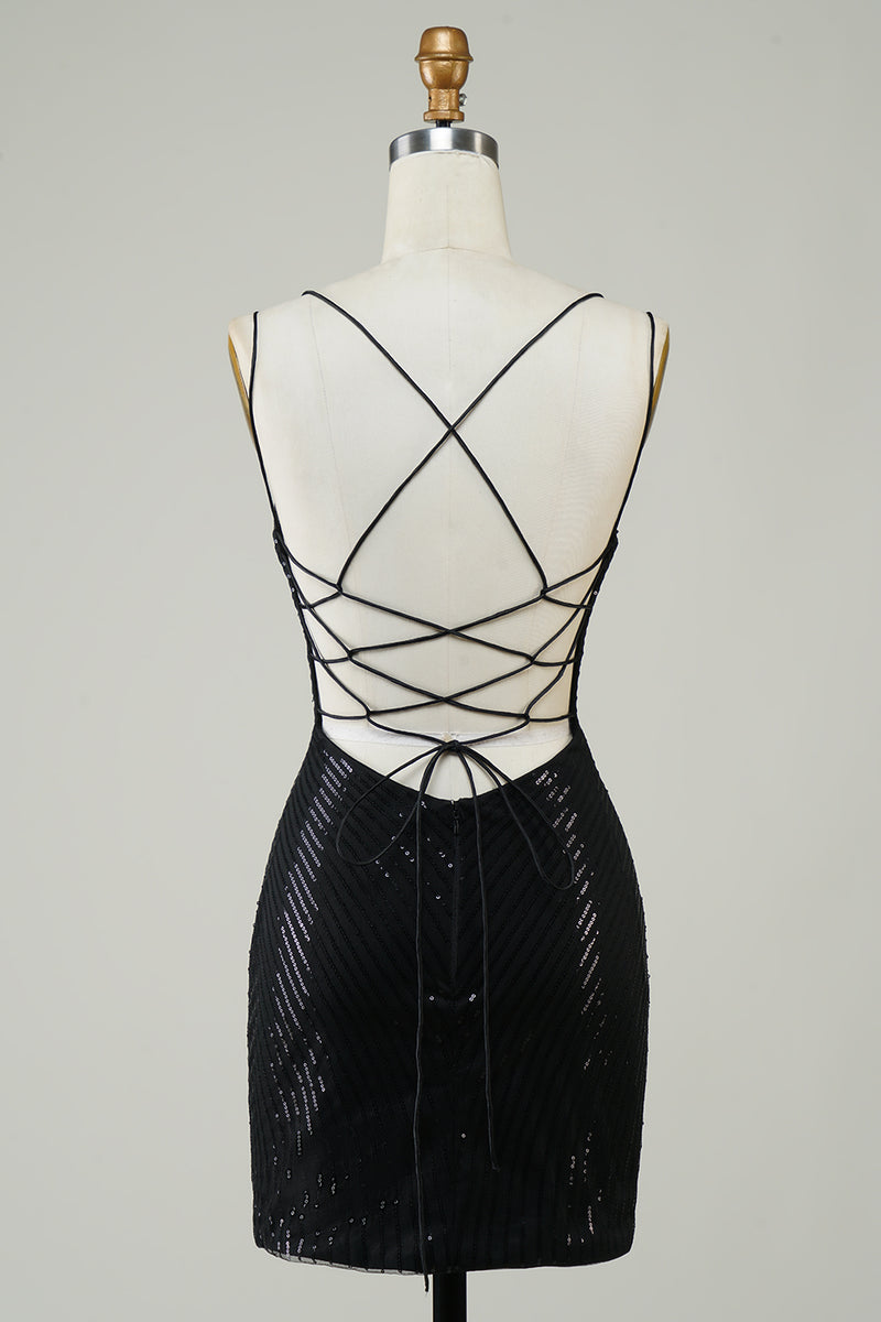 Load image into Gallery viewer, Black Spaghetti Straps Tight Short Homecoming Dress with Sequins