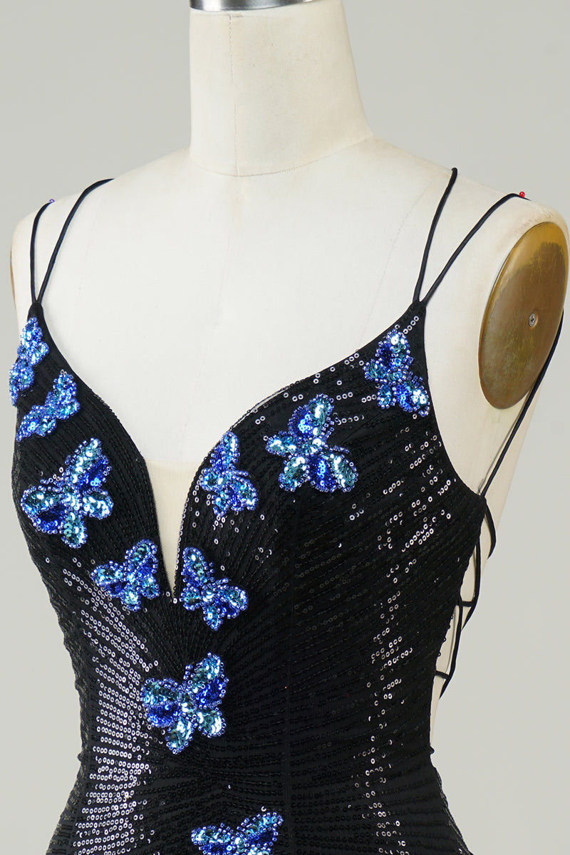 Load image into Gallery viewer, Black Spaghetti Straps Tight Short Homecoming Dress with Sequins