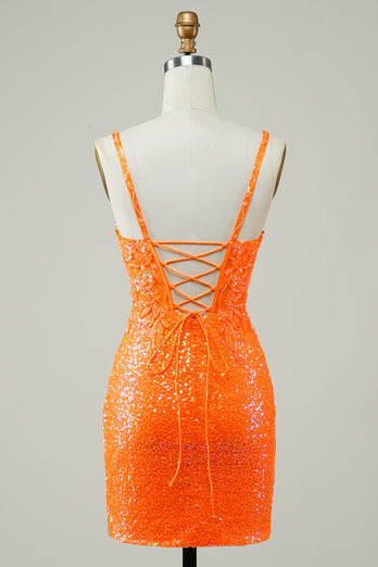 Tight Spaghetti Straps Orange Corset Homecoming Dress with Sequins