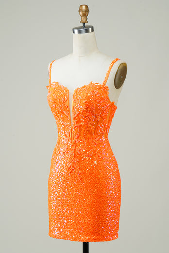 Tight Spaghetti Straps Orange Corset Homecoming Dress with Sequins