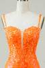 Load image into Gallery viewer, Tight Spaghetti Straps Orange Corset Homecoming Dress with Sequins