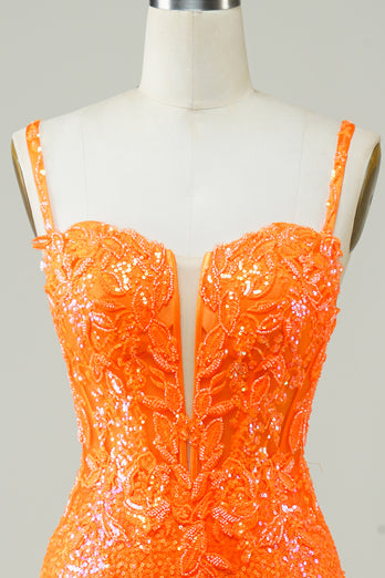 Tight Spaghetti Straps Orange Corset Homecoming Dress with Sequins