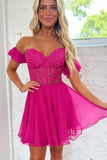 Gorgeous A Line Off The Schoulder Fuchsia Corset Homecoming Dress with Ruffles