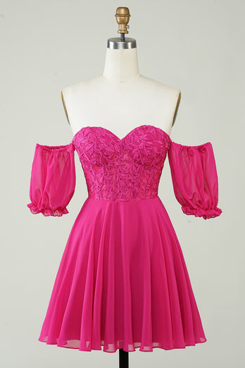 Gorgeous A Line Off The Schoulder Fuchsia Corset Homecoming Dress with Ruffles