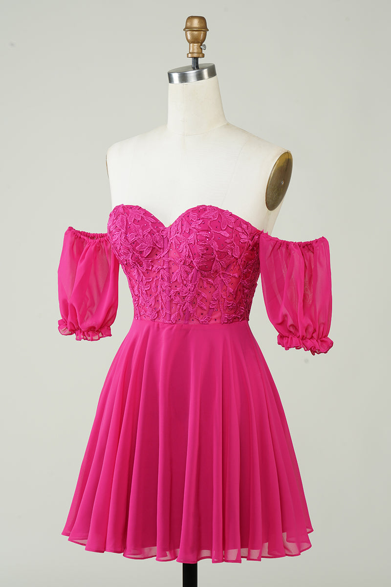 Load image into Gallery viewer, Gorgeous A Line Off The Schoulder Fuchsia Corset Homecoming Dress with Ruffles