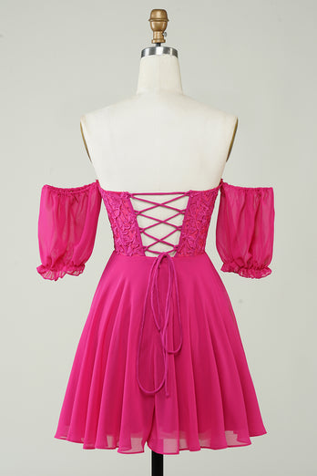 Gorgeous A Line Off The Schoulder Fuchsia Corset Homecoming Dress with Ruffles