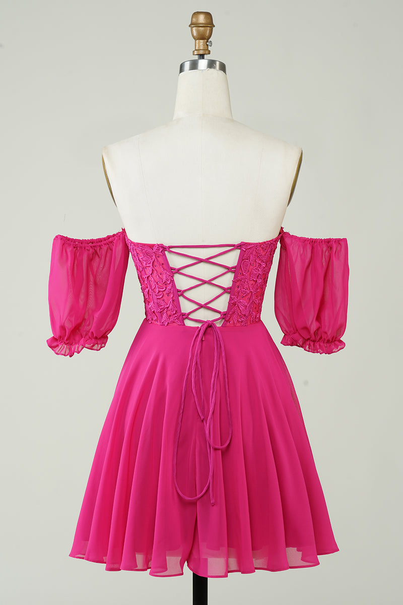 Load image into Gallery viewer, Gorgeous A Line Off The Schoulder Fuchsia Corset Homecoming Dress with Ruffles