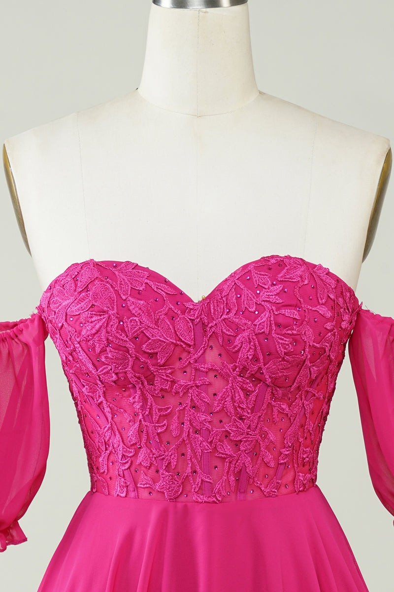 Load image into Gallery viewer, Gorgeous A Line Off The Schoulder Fuchsia Corset Homecoming Dress with Ruffles