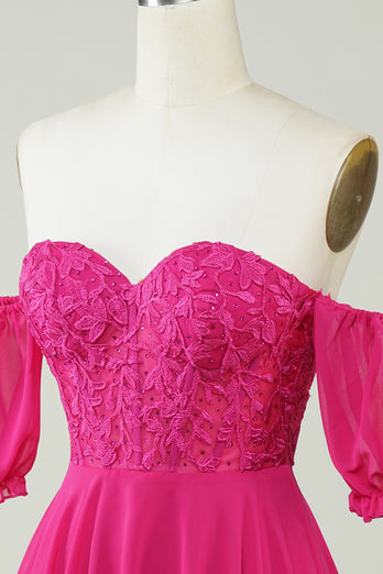 Gorgeous A Line Off The Schoulder Fuchsia Corset Homecoming Dress with Ruffles