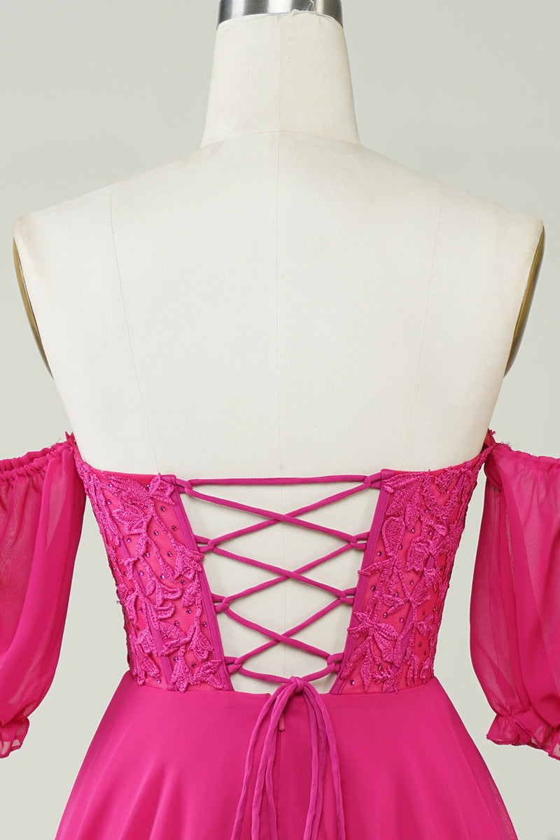 Load image into Gallery viewer, Gorgeous A Line Off The Schoulder Fuchsia Corset Homecoming Dress with Ruffles