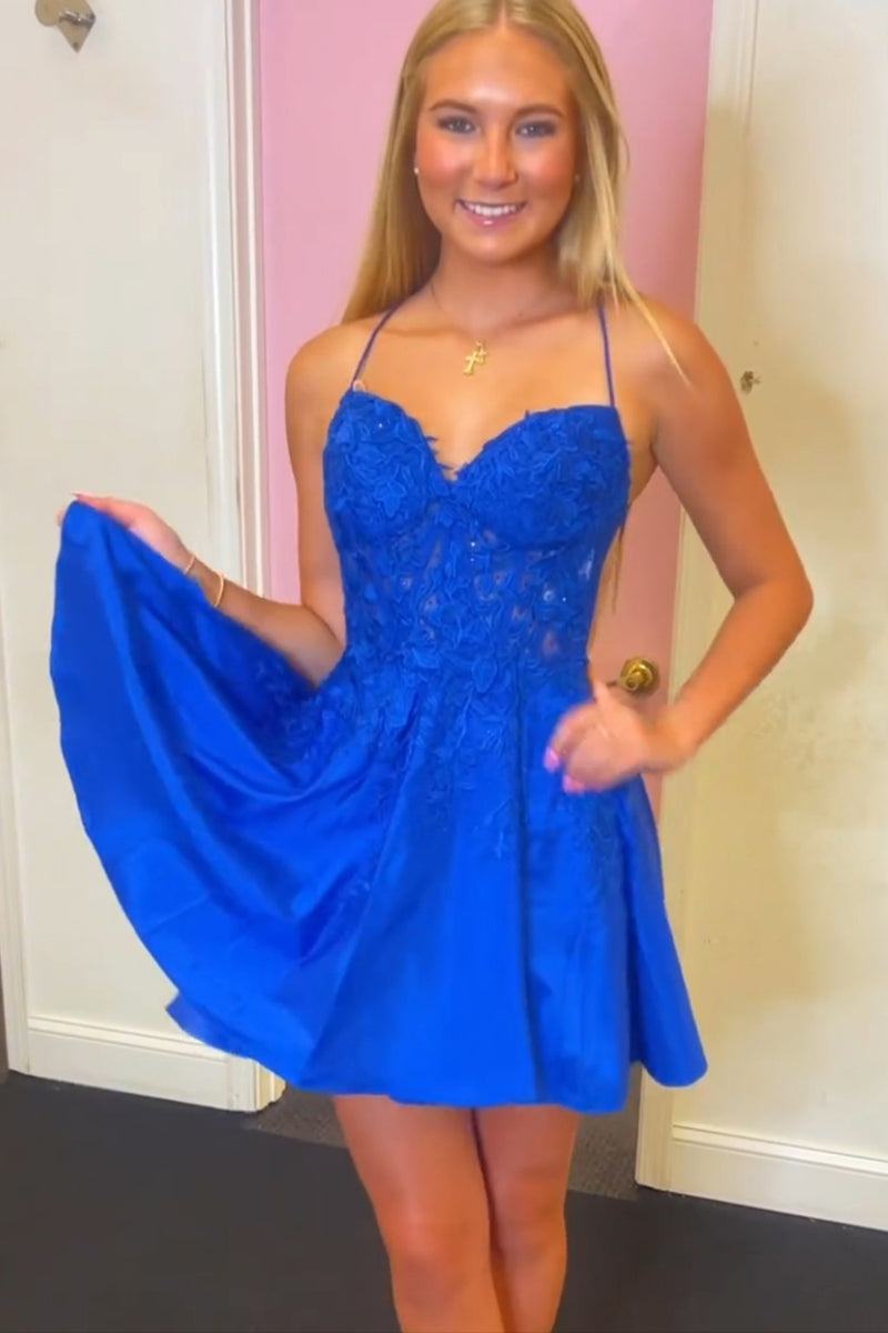 Load image into Gallery viewer, A-Line Royal Blue Spaghetti Straps Homecoming Dress with Appliques
