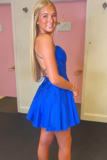 A-Line Royal Blue Spaghetti Straps Homecoming Dress with Appliques