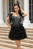 A-line Baby Black Off Shoulder Feather Homecoming Dresses with Beading