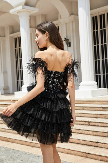 A-line Baby Black Off Shoulder Feather Homecoming Dresses with Beading