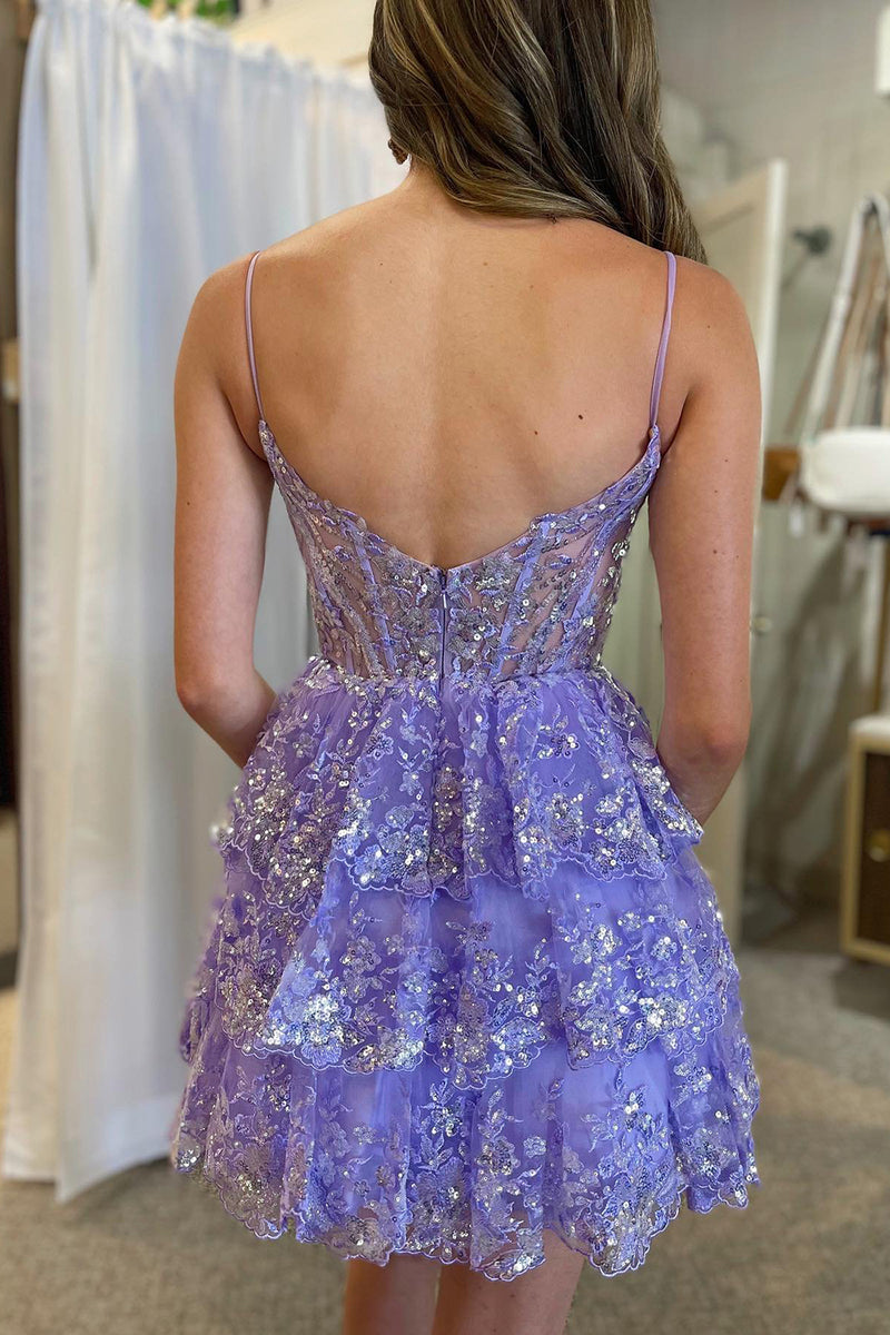 Load image into Gallery viewer, Sparkly Navy Spaghetti Straps Sequins Short Homecoming Dress