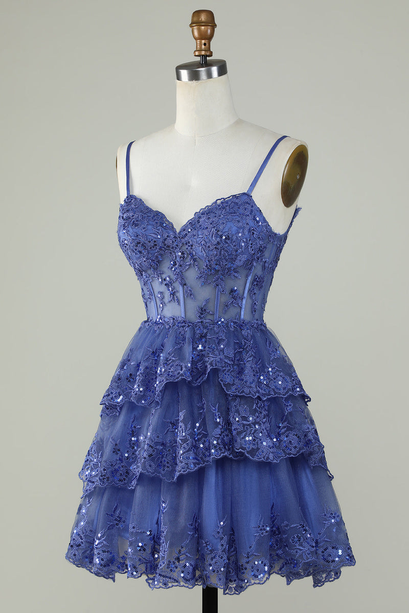 Load image into Gallery viewer, Sparkly Spaghetti Straps Sequins Purple Short Homecoming Dress