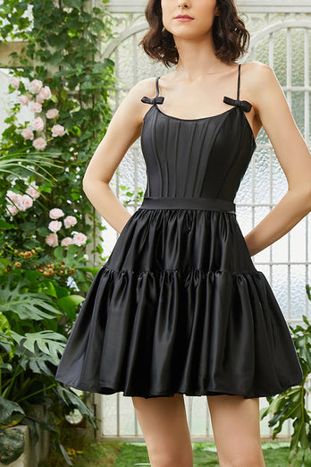 A-Line Spaghetti Straps Black Corset Short Homecoming Dress