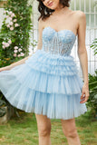 A-Line Sweetheart Blue Corset Tulle Short Homecoming Dress