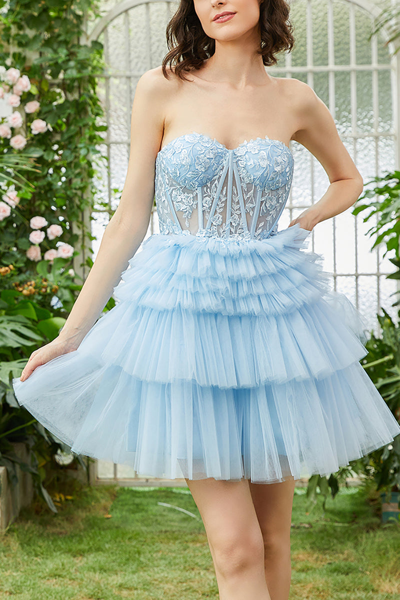 Load image into Gallery viewer, A-Line Sweetheart Blue Corset Tulle Short Homecoming Dress