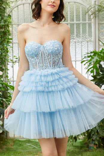 A-Line Sweetheart Blue Corset Tulle Short Homecoming Dress