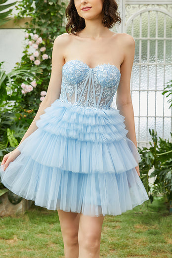 A-Line Sweetheart Blue Corset Tulle Short Homecoming Dress