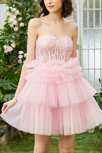 A-Line Sweetheart Blue Corset Tulle Short Homecoming Dress