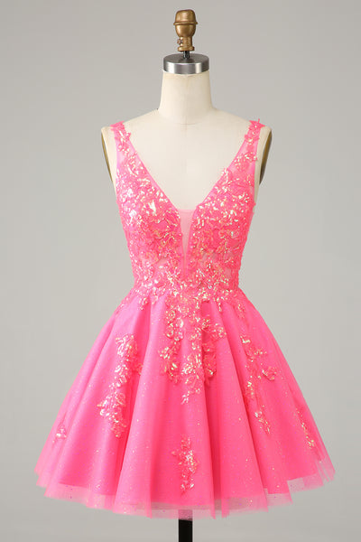 A Line Fuchsia V Neck Sequins Corset Short Homecoming Dress