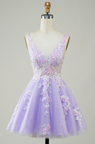 A Line Lilac V Neck Sequins Corset Short Homecoming Dress