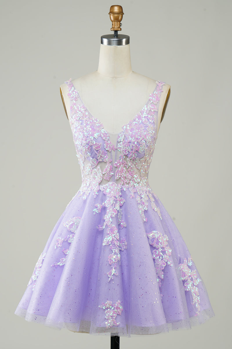 Load image into Gallery viewer, A Line Lilac V Neck Sequins Corset Short Homecoming Dress