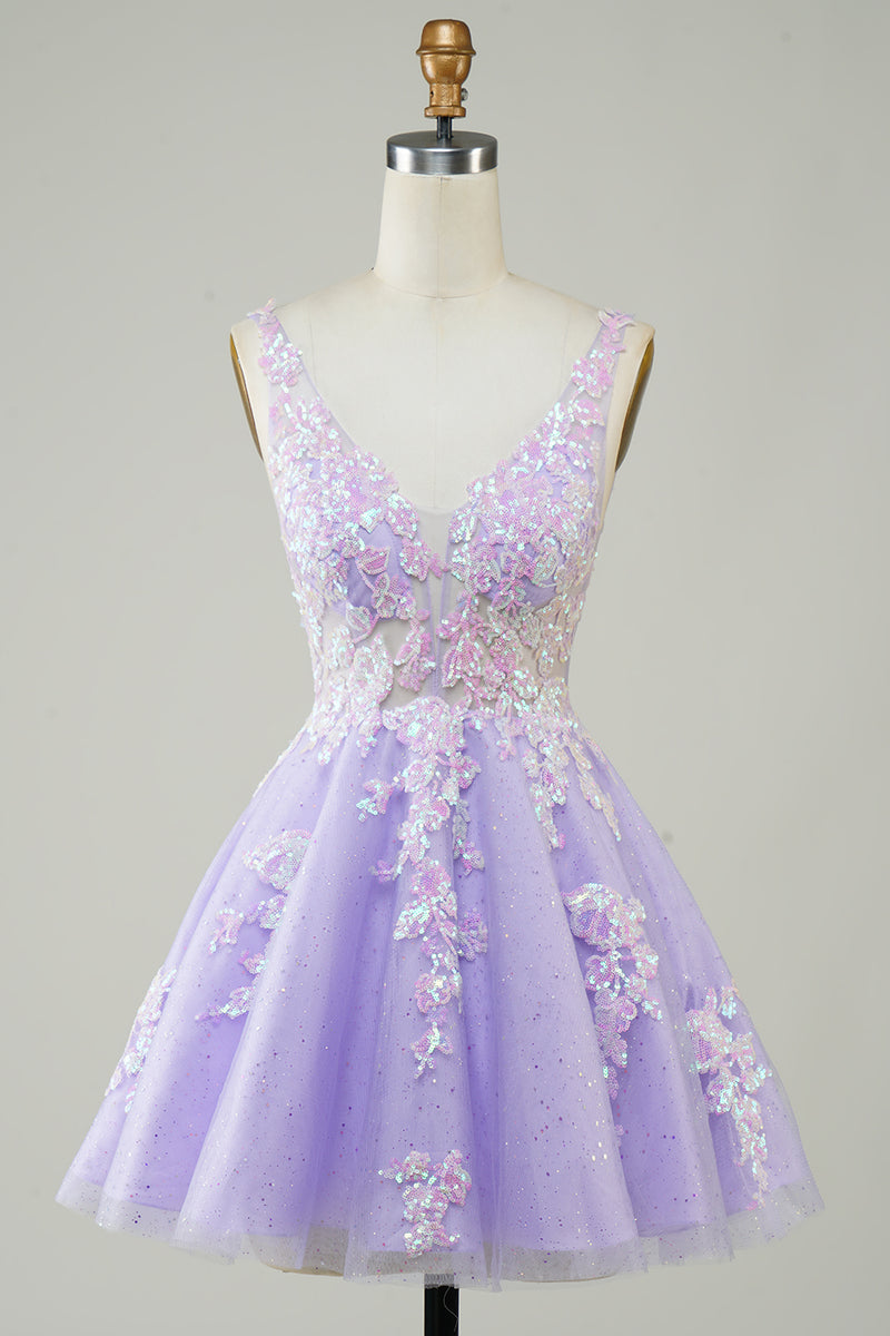 Load image into Gallery viewer, A Line Lilac V-Neck Sequins Corset Short Homecoming Dress