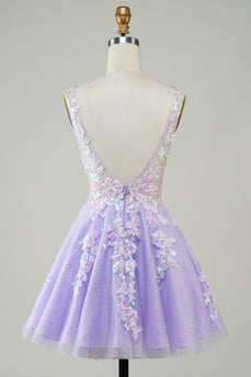 A Line Lilac V Neck Sequins Corset Short Homecoming Dress