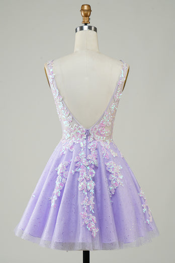 A Line Lilac V-Neck Sequins Corset Short Homecoming Dress