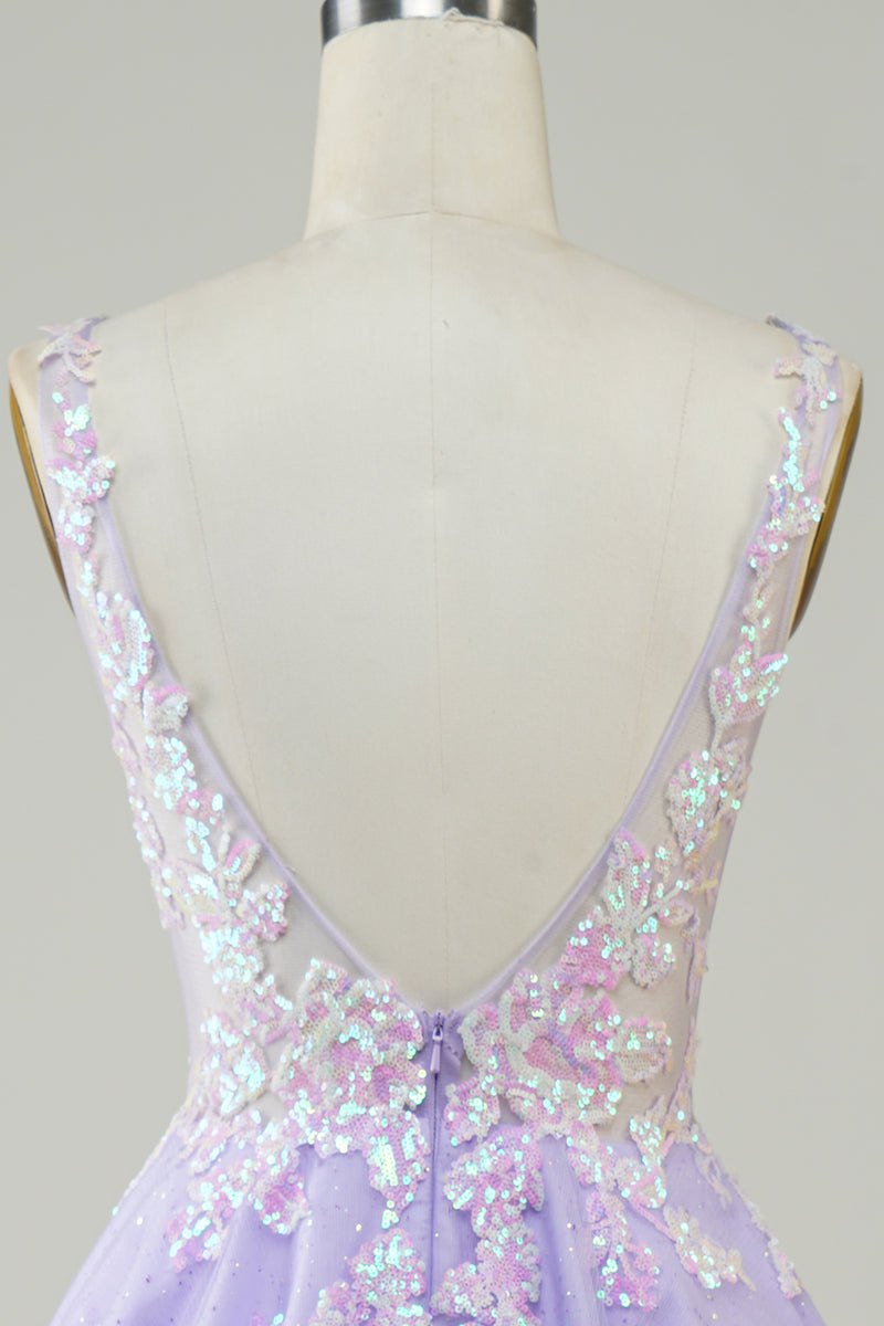 Load image into Gallery viewer, A Line Lilac V Neck Sequins Corset Short Homecoming Dress