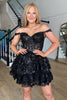 Load image into Gallery viewer, Sparkly A Line Off the Shoulder Dark Blue Corset Homecoming Dress with Tiered Lace