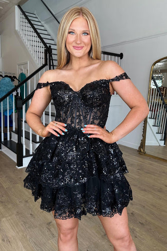 Sparkly A Line Off the Shoulder Black Corset Homecoming Dress with Tiered Lace