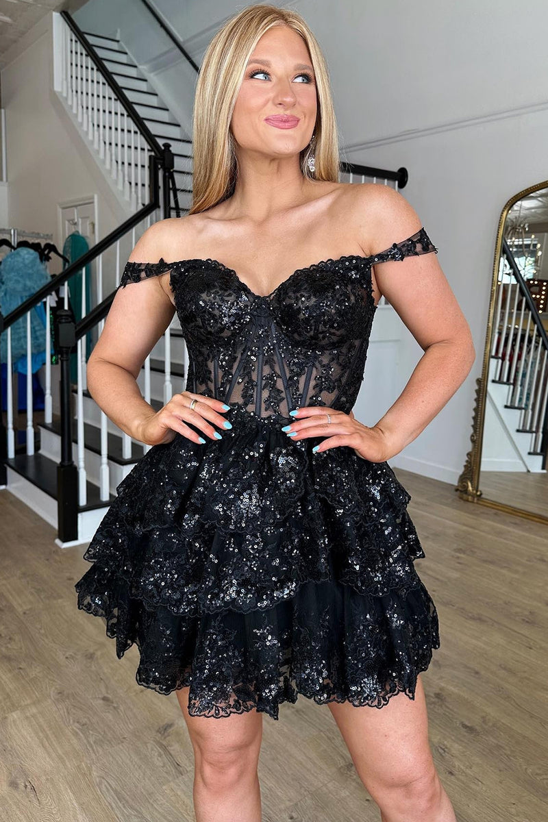 Load image into Gallery viewer, Sparkly A Line Off the Shoulder Black Corset Homecoming Dress with Tiered Lace