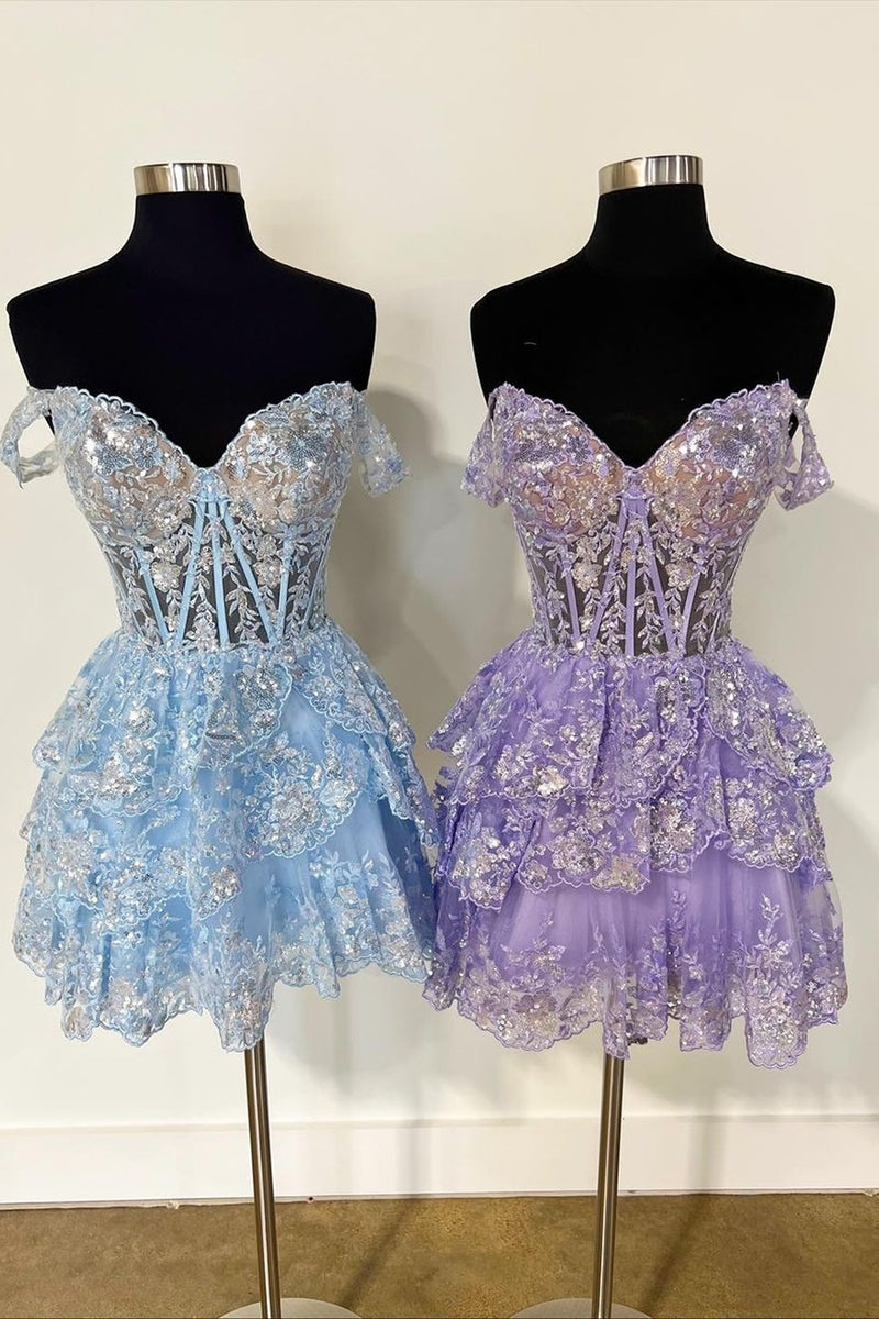 Load image into Gallery viewer, Sparkly A Line Off the Shoulder Blue Corset Homecoming Dress with Tiered Lace