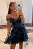 Load image into Gallery viewer, Sparkly A Line Off the Shoulder Blue Corset Homecoming Dress with Tiered Lace