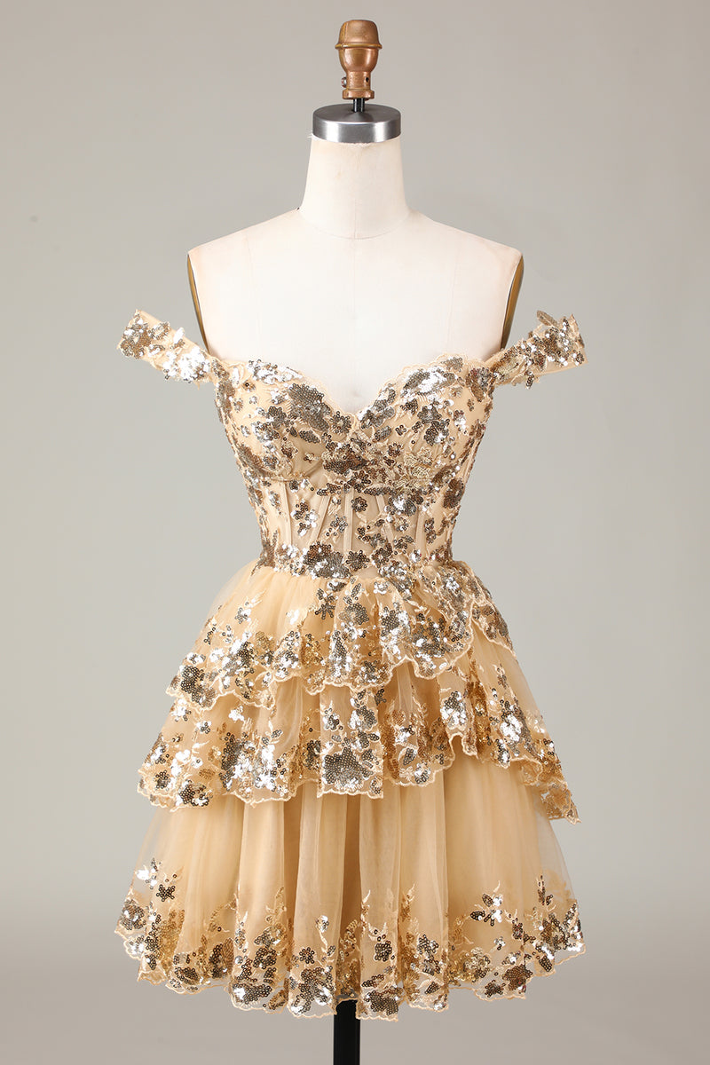 Load image into Gallery viewer, Sparkly Golden A Line Off the Shoulder Corset Homecoming Dress with Tiered Lace
