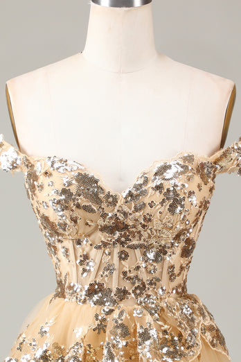 Sparkly Golden A Line Off the Shoulder Corset Homecoming Dress with Tiered Lace